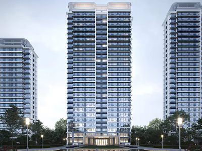 Modern High Rise Residential Buildings Featuring Glass Curtain Walls Street Lamps And Tree Surrounded Entrance 3d model