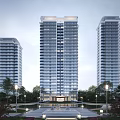 Modern High Rise Residential Buildings Featuring Glass Curtain Walls Street Lamps And Tree Surrounded Entrance