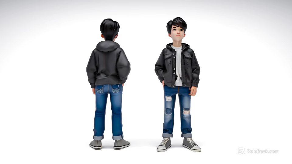 Young Man in Black Jacket Front and Back View with Ripped Blue Jeans and Sneakers 3d model 