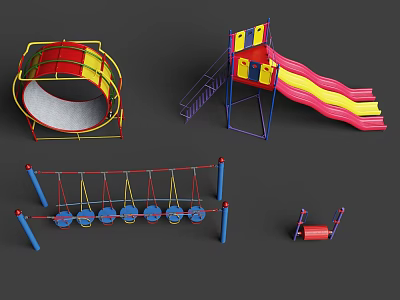 Colorful Playground Equipment Including Combination Slide Swing Set Roller And Balance Toys 3d model