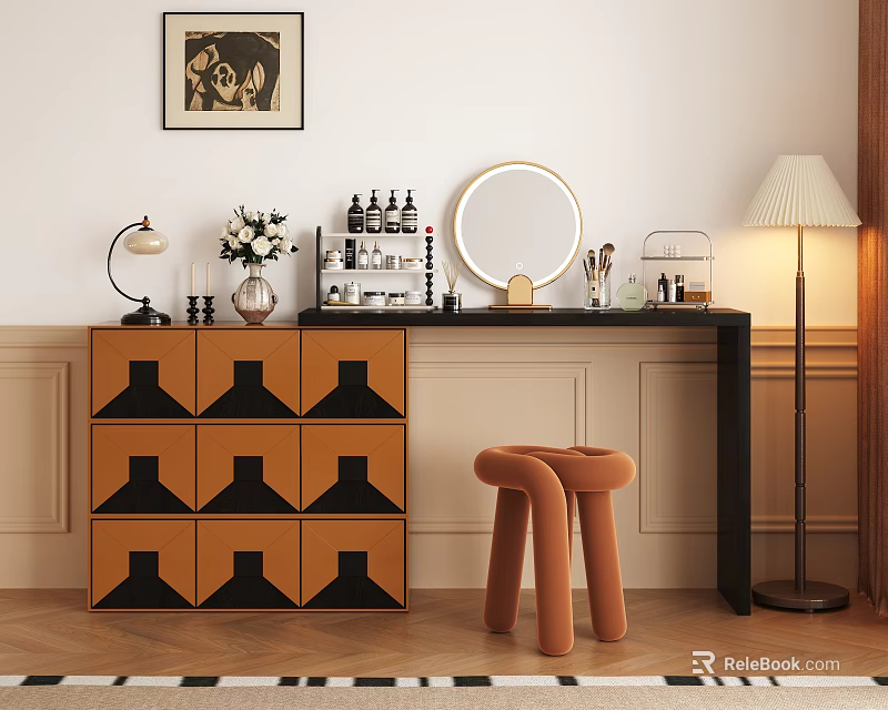 Elegant Dressing Table with Round Mirror Orange Stool Table Lamp and Vase on Paneled Wall 3d model 