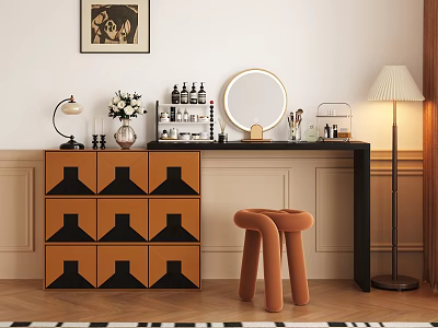 Elegant Dressing Table with Round Mirror Orange Stool Table Lamp and Vase on Paneled Wall 3d model