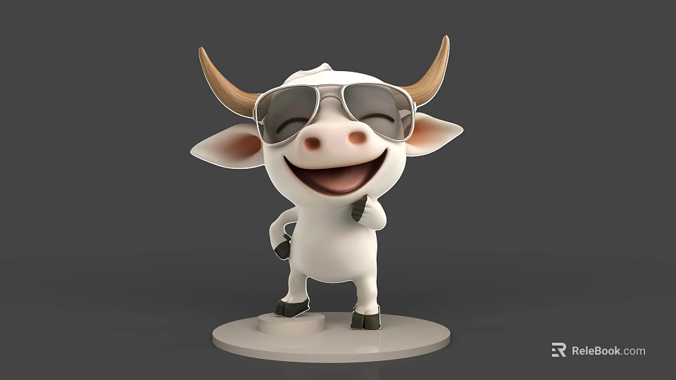 Cute Cartoon Cow Wearing Sunglasses Smiling And Giving Thumbs Up On Base 3d model 