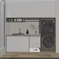 Modern Laundry Room With Washer Dryer Sink Cabinet And Window Blinds