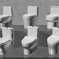 Six Modern White Toilets Displayed On Gray Steps For Product Showcase