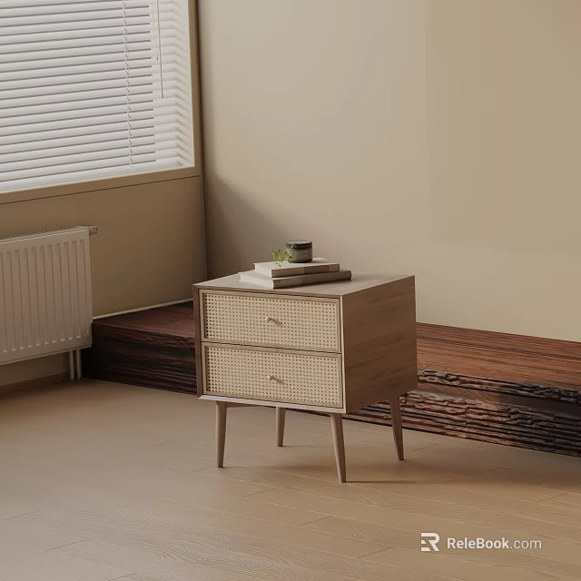 Minimalist Modern Bedside Table With Wooden Frame Rattan Drawers And Books On Top 3d model 