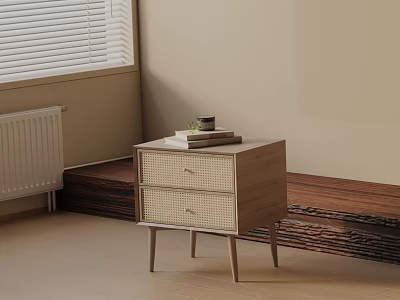 Minimalist Modern Bedside Table With Wooden Frame Rattan Drawers And Books On Top 3d model