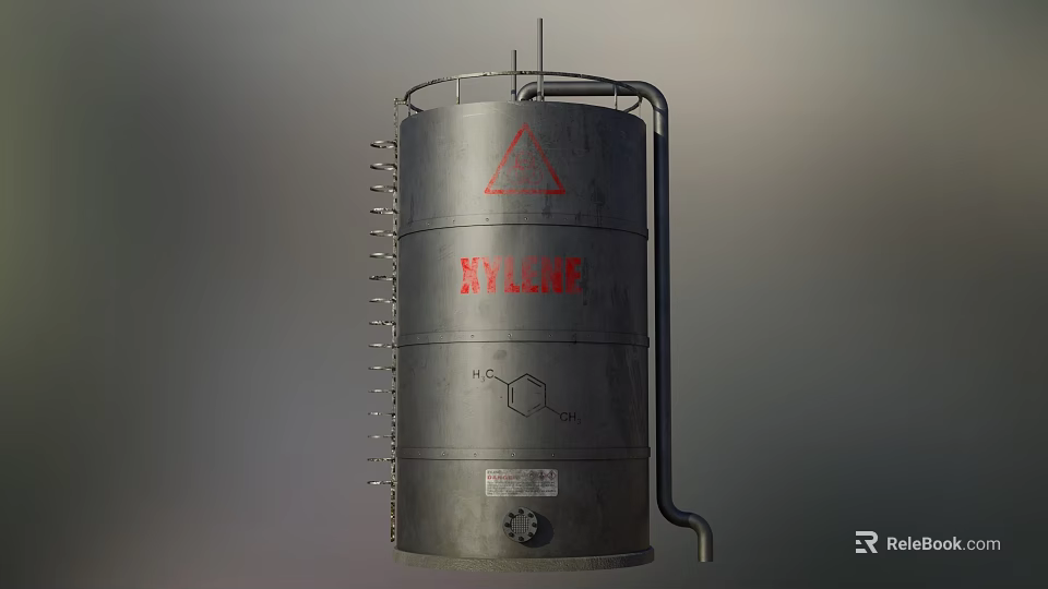 Industrial Commercial Metal Storage Tank With Warning Sign And Chemical Structure 3d model 