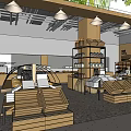 Modern Supermarket Interior Design With Wooden Shelves Display Counters And Watercolor Paintings
