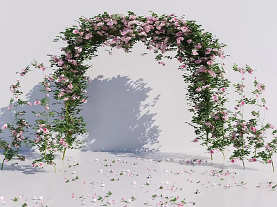 Floral Installation With Pink Flower Arch Vines Scattered Petals And White Background 3d model