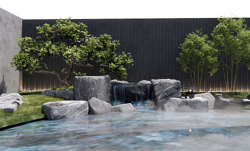 New Chinese style landscape sketch water scene wall stone rockery courtyard sketch water scene 3d model