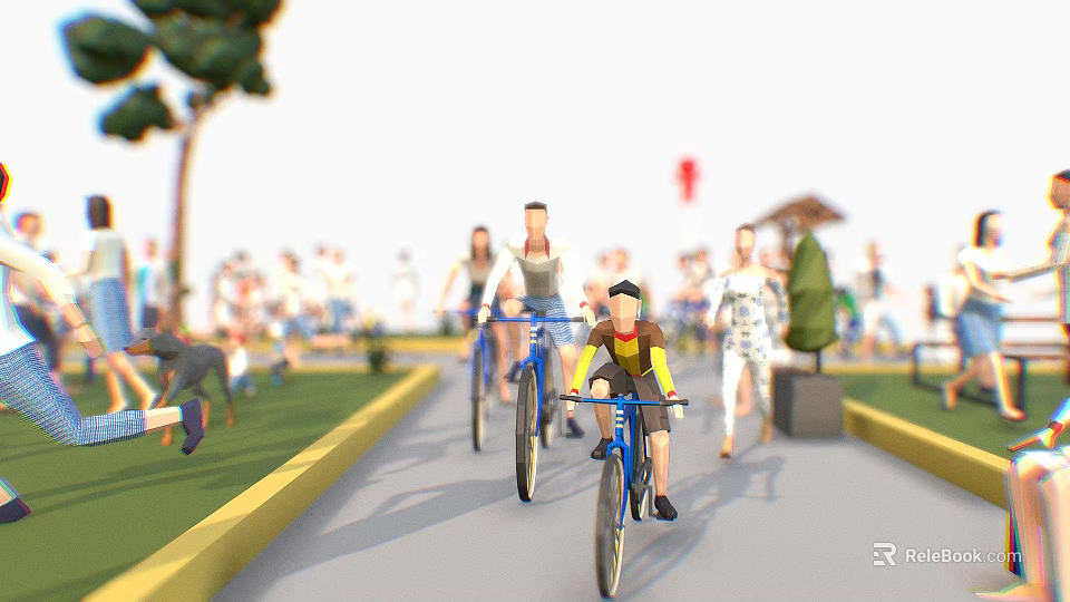 Cyclists And Pedestrians Enjoying Outdoor Activities In Green Park Pathway With Trees 3d model 