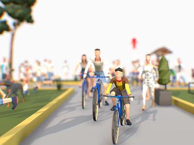 Cyclists And Pedestrians Enjoying Outdoor Activities In Green Park Pathway With Trees 3d model