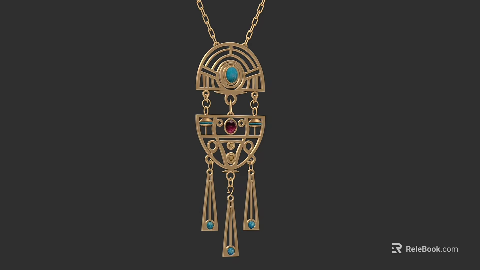 Ornate Golden Necklace With Blue Red Gemstones And Geometric Tassel Design 3d model 