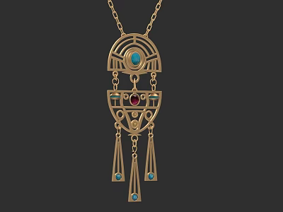 Ornate Golden Necklace With Blue Red Gemstones And Geometric Tassel Design 3d model