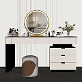 Modern Elegant Dressing Table With Round Mirror Cosmetics Perfume Bottles And Stool 3d model