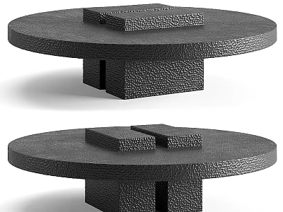 Round Modern Coffee Table with Textured Surface Square Base and Two Rectangular Blocks on Top 3d model