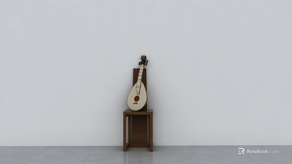 Console Table With Traditional String Instrument Against White Wall And Gray Floor 3d model 