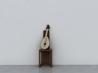 Console Table With Traditional String Instrument Against White Wall And Gray Floor 3d model