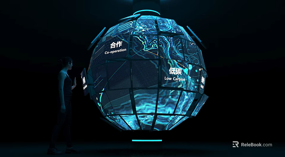 Interactive Zone With Giant Spherical Installation Screens Displaying Cooperation Low Carbon And People Interaction 3d model 