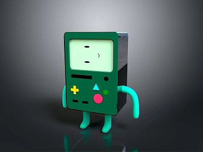 Green Cartoon Style Computer Device With Screen Buttons Simple Face And Blue Arms Legs 3d model