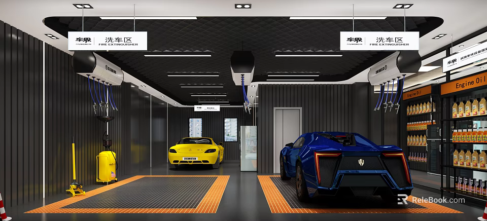 4S Dealership Car Wash Area With Luxury Sports Cars Modern Lighting And Washing Equipment 3d model 
