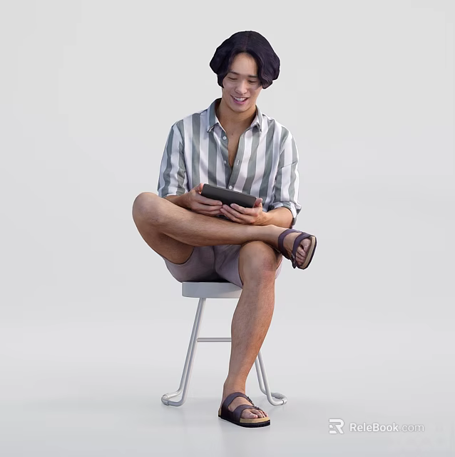 Man Sitting On Stool In Striped Shirt Shorts And Sandals Holding Tablet 3d model 