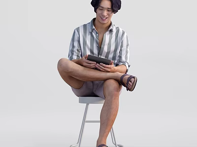 Man Sitting On Stool In Striped Shirt Shorts And Sandals Holding Tablet 3d model