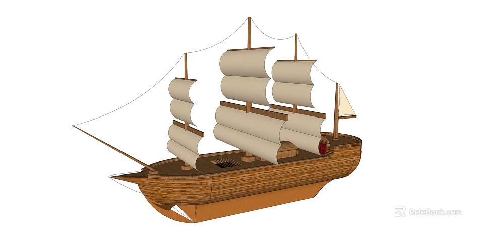 Wooden Sailing Ship With White Canvas Sails Multiple Masts And Classic Hull Design 3d model 