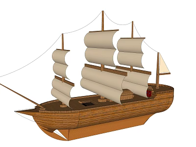 Wooden Sailing Ship With White Canvas Sails Multiple Masts And Classic Hull Design 3d model