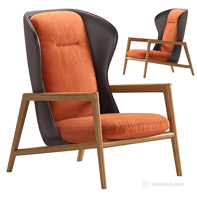 Modern Single Sofa Armchair With Orange Fabric Cushioned Wooden Frame Armrests 3d model 