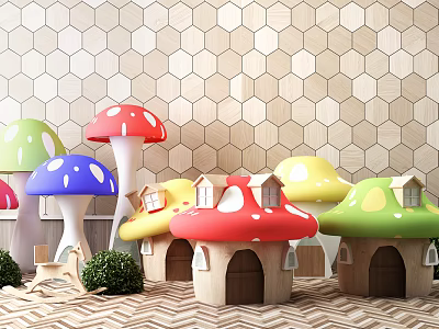 Colorful Building Blocks Mushroom Houses with Hexagonal Wall and Striped Floor 3d model