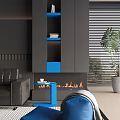 Elegant Modern Living Room Featuring Black Sofa Blue Cushions Round Coffee Table And Wall Art