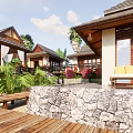 Beachfront Guesthouse Building With Wooden Deck Deck Chairs Large Windows Palm Trees And Ocean View