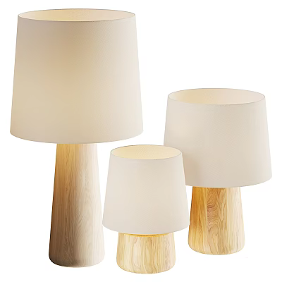 Three Different Sizes Table Lamps With Wooden Bases And Beige Shades 3d model