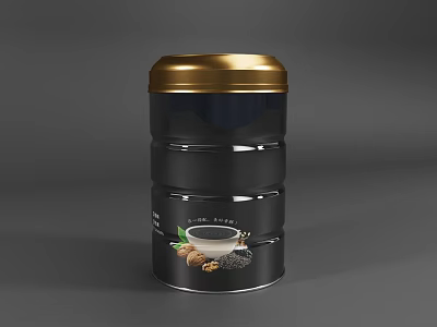 Healthy Sesame Walnut Powder Food In Black Jar With Golden Lid 3d model