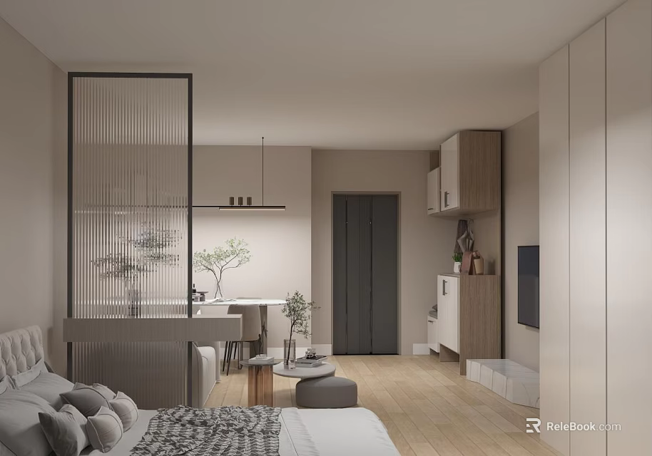 Modern Apartment Interior With Open Layout Sofa Bed Dining Table And Wooden Floors 3d model 