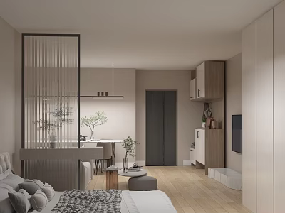 Modern Apartment Interior With Open Layout Sofa Bed Dining Table And Wooden Floors 3d model