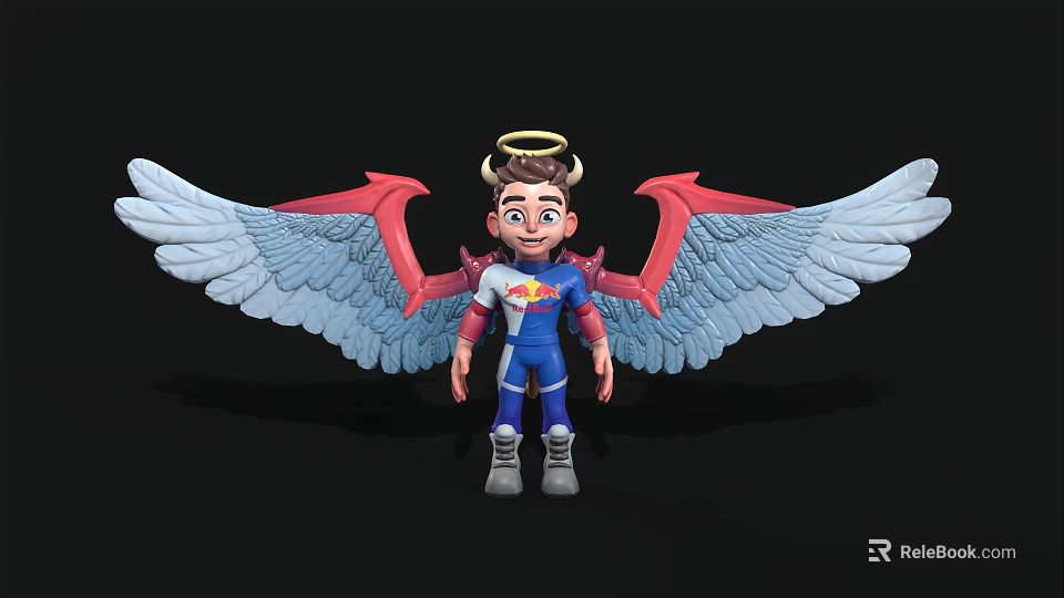 Cartoon Man With Horns Halo Red And Blue Wings And Blue And Red Costume 3d model 