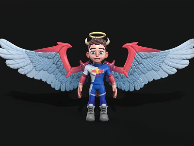 Cartoon Man With Horns Halo Red And Blue Wings And Blue And Red Costume 3d model