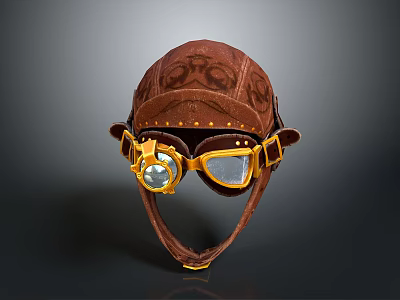 Vintage Brown Leather Aviator Helmet With Yellow Goggles And Decorative Patterns 3d model