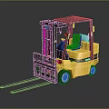 Industrial Yellow Blue Forklift With Cab And Forks On Reflective Surface