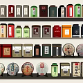 Traditional Tea Room Interior With Various Tea Cans And Cakes On Shelves