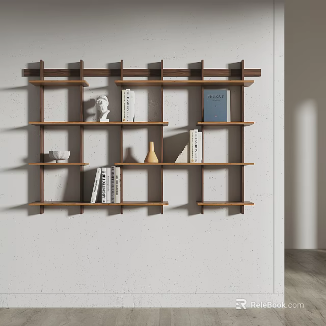 Modern Wall Mounted Wooden Shelf With Books Decorative Statue And Vase On Layers 3d model 