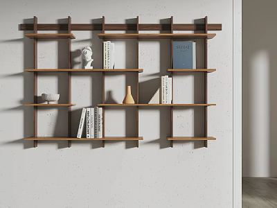 Modern Wall Mounted Wooden Shelf With Books Decorative Statue And Vase On Layers 3d model