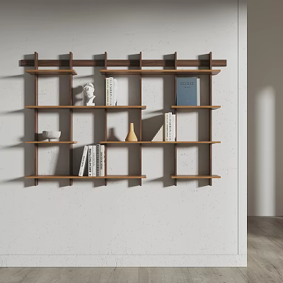 Modern Wall Mounted Wooden Shelf With Books Decorative Statue And Vase On Layers 3d model