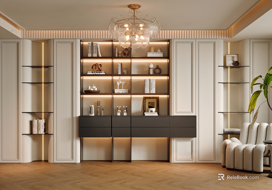 French Style Casual Study Whole Wall Bookcase Display Cabinet Fireplace Leisure Room Study TV Wall texture