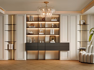 Modern Luxury Study Room Interior With Beige Brown Tones Bookshelf Chandelier Green Plant Books Decor 3d model