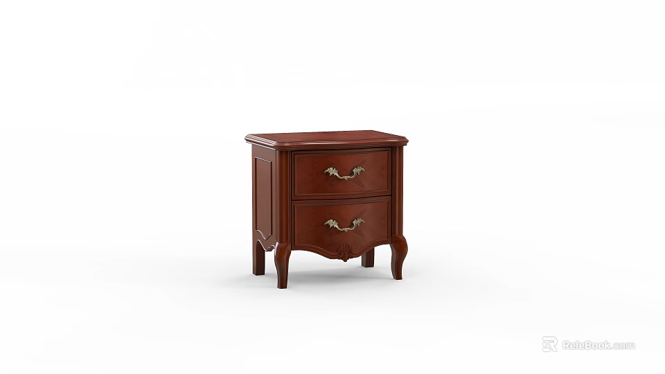 Dark Brown Bedside Table With Two Drawers And Gold Handles Curved Legs Design 3d model 
