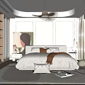 Modern Bedroom Interior With Cozy Bed Artwork Woven Chandelier And Soft Rug